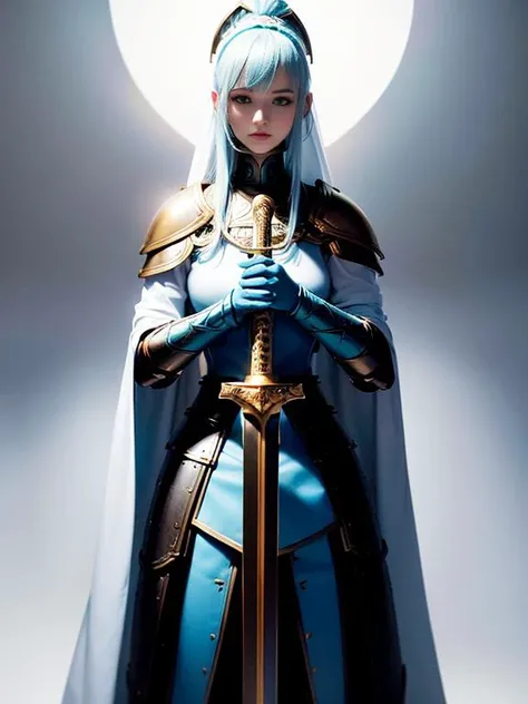 best quality ,masterpiece, illustration, an extremely delicate and beautiful, extremely detailed ,CG ,unity ,8k wallpaper, Amazing, finely detail, best quality, official art, ultra-detailed, highres,
a female fighter, (slim tall girl), 
extremely detailed face, extremely delicate beautiful face, detailed eyes, detailed hands,
(((Cyan plate armor))),((Cyan plate armor cloth)), ((Cyan plate armor leggings)), ((Cyan plate armor thigh)), (((white cloak))),(((hands holding golden sword))),
(smaller head), (silver hair), ponytail, leggy, long straight legs, slim thigh, thin thigh,
facing viewer,