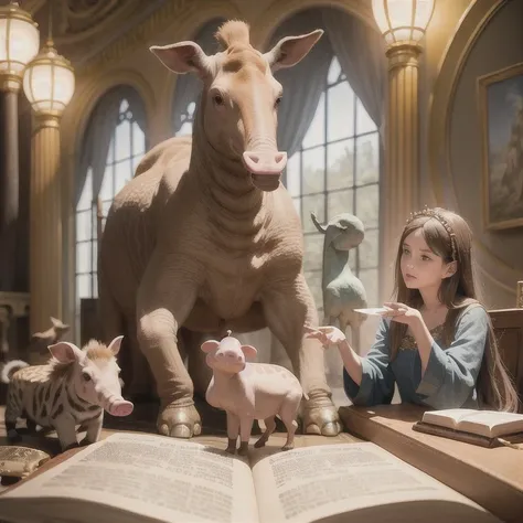 ASCIIbible story,myth,fable,allegorical,classical painting,fairy tail,1 pig & 1giraffe,girls,birds,elephant
masterpiece, professional artwork, famous artwork, cinematic lighting, cinematic bloom,
luxury, jewelry, diamond, gold, pearl, gem,royal, divine, goddess, godlike,  fantasy,