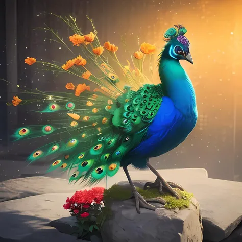 A bird standing on a stone, with flowers of various colors blooming next to it. CGI art, red and yellow, super realistic peacock, peacock screen opening, Pinterest, realistic art style, rich colors, artificial intelligence generated images, very detailed portraits, singing for you, amazing rendering