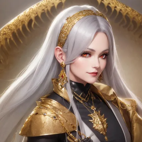 a (woman:1.1) with ash grey hair wearing a gold and silver outfit and gold earrings and a black jacket with gold and blue details, Artgerm, fantasy character portrait, a character portrait, fantasy art,shiny metal,looking at viewer, (golden eyeshadow:1.0), (red eyes:1.1), seductive smile,
