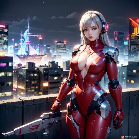 High Detail RAW color Photo,hyperrealistic,digital painting,wide shot,Full Shot,(lens flare:0.5), (bloom:0.5), portrait,(highly detailed, fine details, intricate), incredibly absurdres,(luxurious cyberpunk:1.4,Dystopian,sci-fi), concept art,ornate,
1girl,Lucy \(cyberpunk\),European_Girls,(cute female arterial intelligence,robot, cyborg:1.5),(robotic parts,augmentations,mechanical arms, mechanical legs,silver halmet), (cybernetic implants:1.4,cable electric wires, microchip,metal,silicone),grey eyes,asymmetrical hair, standing,(holding_weapon,battle_rifle,handgun),belt,(shiny, tight soft light suit),covered mouth, covered navel, detached sleeves,(wearing see-through white chemise),hip vent, open jacket,metallic bone exposed,toned physique, (pale skin),(detailed skin, diffused skin pores),HQ, angelic, decorations, embellishments,hard edge,
breathtaking,outdoors, ((in surreal planet Raphael Lacoste)),night, (electricity, bright neon colors,sprawling cyberpunk city skyline), turbulent storm, rain,smog,tendrils, spirals, dust,(((flying ships))), (badlands, observitory)
<lora:pureInnocentGirl_v20:0.3>