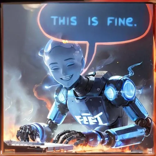computer center, (((robot))), ((blue CapitaI C logo)), (melting robot), (((typing on computer))), ((smiling)), keyboard on fire, orange flame, lots of smoke <lora:on_fire10:0.6> , (lots of computers in background), (fire in background), emergency warning, red light, speech bubble on top