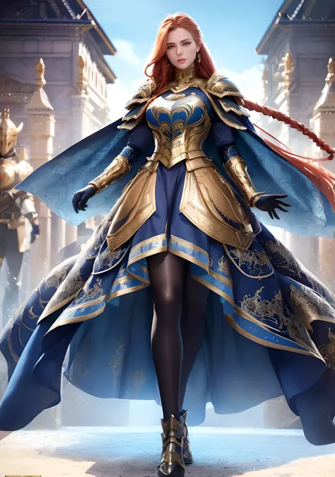 A (full body:1.3) shot, ((walking pose)), slow motion, (knight:1.2), one female wearing full body multiple stitched layer (heavy golden armor:1.2),(blue silk cloak:1.1), (fabric with intricate pattern:1.2), (insanely detailed, bloom:1.5), (highest quality,trending on artstation, concept art, 4k), (analog:1.2), (high sharpness), (detailed pupils:1.1), (painting:1.1), (digital painting:1.1), (((highly detailed face and eyes))),((hyperealistic)),blue eyes, Masterpiece, best quality, (highly detailed photo:1.1), 8k, photorealistic, (long ginger Hair, braided haircut, ecstatic:1.1), (young woman:1.1),((Pretty face)), sharp, (perfect body:1.1), realistic, real shadow, 3d, (western temple background:1.2), By jeremy mann, by sandra chevrier, by maciej kuciara, (by Michelangelo)