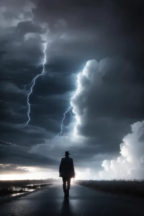 ultra detailed 8k cg, a man walking down an isle, storm, rain