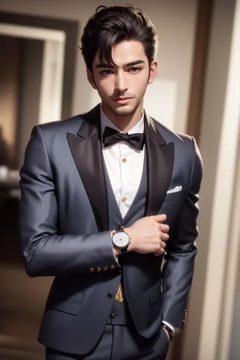 ultra detailed 8k cg, handsome man, suit, formal, looking at viewer, gold watch, looking at viewer,