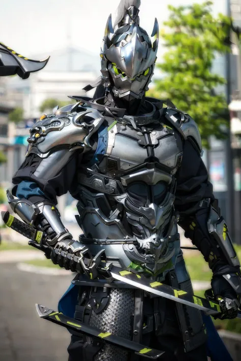 <lora:genji:0.85> genji in silver and blue chinese armor holding a katana, <lora:ZSkuijia-200:0.75>, outdoor, close up shot, upper body focus, <lora:leagueOfLegends_v02:0.5>
