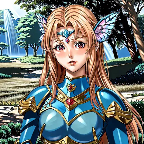 masterpiece, portrait of woman in armor, in a forest with butterfly, gods rays, sfw <lora:Portrait:0.8>