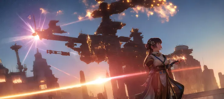 (masterpiece)+, (best quality)+, (intricate detail)+, anime style, star wars ship above coruscant, girl in foreground, rayleigh scattering, colourful, lens flare, camera artefacts, motion blur, slow shutter speed, cinematic feel