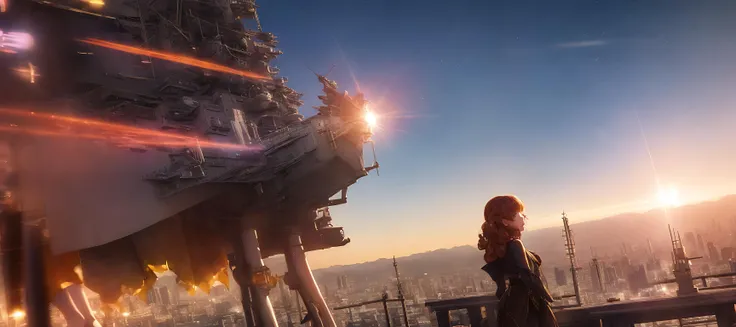 (masterpiece)+, (best quality)+, (intricate detail)+, anime style, star wars ship above coruscant, girl in foreground, rayleigh scattering, colourful, lens flare, camera artefacts, motion blur, slow shutter speed, cinematic feel