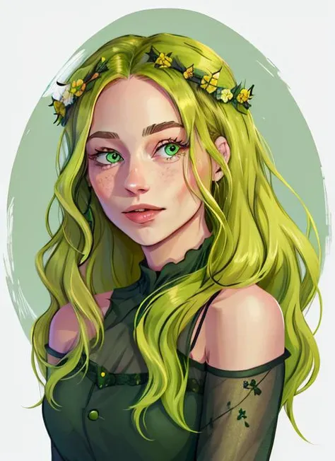 infp, green hair, green eyes, head wreath, green dress, (dollienobodysd15:0.7), <lora:ChumpyChoo_Char_INFP:0.8>