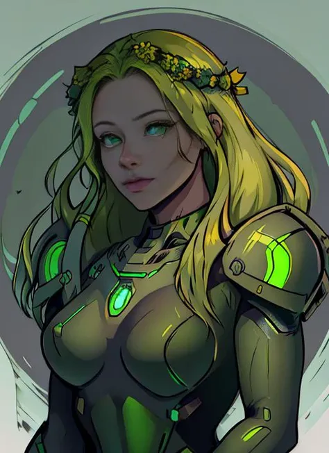infp, green hair, green eyes, head wreath, green dress, (dollienobodysd15:0.7), edgMechagirl, wearing edgMechaGirl cyber armor,  green mecha armor, <lora:ChumpyChoo_Char_INFP:0.8>, <lora:edgMechagirl:0.9>