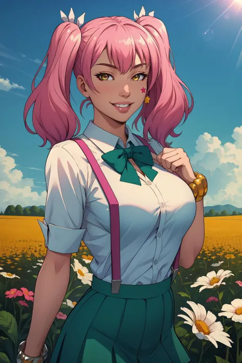 (masterpiece, best quality, absurdres, 4k, aesthetic, detailed, intricate, perfect lighting),cinematic angle,outside,sunlight,field,flowers,1girl,smile,lips parted,teeth,pink hair, twintails, star facial tattoo, green bowtie, suspenders, white shirt, collared shirt, green skirt,bracelet <lora:fujinokinene-nvwls-v1:0.8>