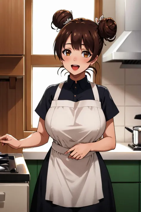 masterpiece, best quality, <lora:fujinokinene-nvwls-v1-000009:0.9> fujinoki nene, brown hair, double bun, large breasts, apron, dress, kitchen, standing, :D