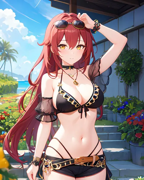 ph_eden, ph_edenhd, <lora:E-1_0.7+E-t2-000002_0.2:0.7>, 1girl, eyewear on head, solo, long hair, yellow eyes, breasts, swimsuit, closed mouth, bangs, sunglasses, navel, cleavage, see-through, choker, (black bikini:1.2), hair between eyes, short sleeves, wrist scrunchie, red hair, necklace, jewelry, frills, see-through sleeves, belt, see-through shirt, black choker, sarong, shorts, frills, necklace, arms up, (masterpiece:1.6, best quality), (finely detailed beautiful eyes: 1.2), ultra-detailed, illustration,beautiful detailed eyes, (breasts out:1.3), (off shoulder:1.1), berry, camellia, defloration, flower, hibiscus, orange_flower, red_flower, red_rose, rose, spider_lily, tulip, bouquet, pink_rose, rose_petals, strawberry, tomato, thorns, flower_field, garden, apple, cherry, yellow_flower,