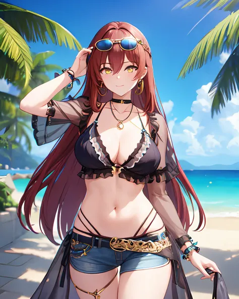 ph_eden, ph_edenhd, <lora:E-1_0.7+E-t2-000002_0.2:0.7>, 1girl, eyewear on head, solo, long hair, yellow eyes, breasts, swimsuit, closed mouth, bangs, sunglasses, navel, cleavage, see-through, choker, black bikini, hair between eyes, short sleeves, wrist scrunchie, red hair, necklace, jewelry, frills, see-through sleeves, belt, see-through shirt, black choker, sarong, shorts, frills, necklace
