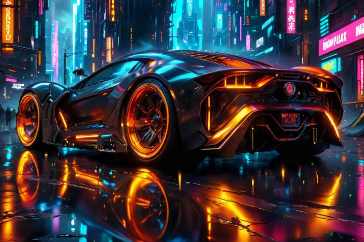 Close-up of a sleek, futuristic cyberpunk car with neon lights reflecting off its metallic surface. The car has sharp, angular lines and an aggressive, aerodynamic design. The body is painted in a combination of matte black and electric red, with glowing neon accents in gold and orange. The wheels are oversized and have glowing rims. The background is a rainy, neon-lit cityscape with towering skyscrapers, holographic advertisements, and a bustling urban environment. (ultra-realistic, high detail, cyberpunk aesthetic, vibrant colors, neon lights, futuristic, cinematic, moody atmosphere, high contrast)
<lora:ral-andzdalmn:0.8> ral-andzdalmn,
<lora:add-detail-xl:1.0>,
<lora:SDXLFaeTastic2400:0.8>,
<lora:EnvyBetterHiresFixXL01:1.0>,
<lora:extremely_detailed:1.5>, extremely detailed, 
<lora:gorgoeus_splash_of_vibrant_paint:0.8> Gorgeous splash of vibrant paint,
<lora:glowneon_xl_v1:0.8> glowneon, glowing, sparks, lightning,