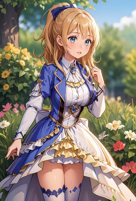 (masterpiece, best quality), 1girl, <lora:MaricaBellerose:0.8> MaricaBellerose, 1girl, solo, long hair, blue eyes, skirt, blonde hair, large breasts, blue thighhighs, long sleeves, dress, bow, ponytail, hair bow, frills, puffy sleeves, brooch,