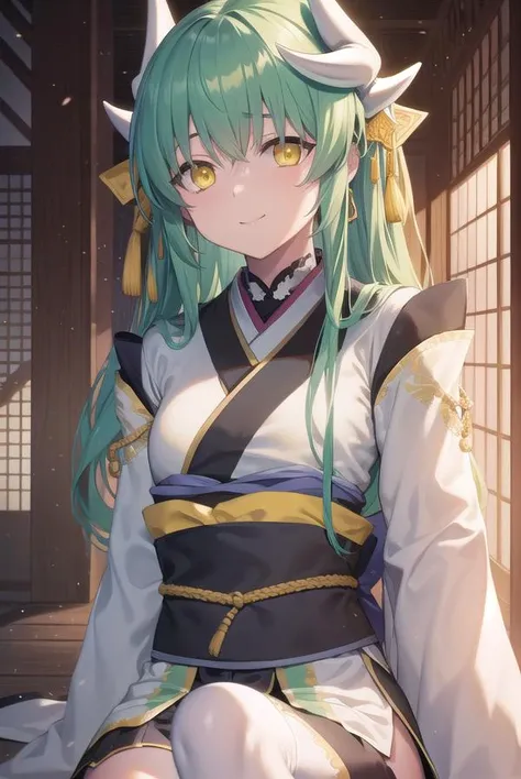 kiyohime, <lora:kiyohime-lora-nochekaiser:1>,
kiyohime, green hair, dragon girl, dragon horns, horns, long hair, (yellow eyes:1.5), smile, (small breast:1.2),
BREAK japanese clothes, obi, sash, thighhighs, wide sleeves, yukata,
BREAK looking at viewer,
BREAK indoors,
BREAK <lyco:GoodHands-beta2:1>, (masterpiece:1.2), best quality, high resolution, unity 8k wallpaper, (illustration:0.8), (beautiful detailed eyes:1.6), extremely detailed face, perfect lighting, extremely detailed CG, (perfect hands, perfect anatomy),