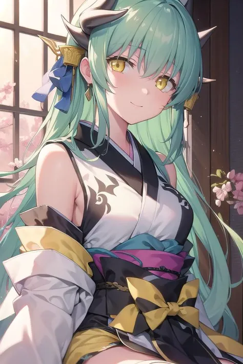 kiyohime, <lyco:kiyohime-lyco-nochekaiser:1>,
kiyohime, green hair, dragon girl, dragon horns, horns, long hair, (yellow eyes:1.5), smile, (small breast:1.2),
BREAK japanese clothes, obi, sash, thighhighs, wide sleeves, yukata,
BREAK looking at viewer,
BREAK indoors,
BREAK <lyco:GoodHands-beta2:1>, (masterpiece:1.2), best quality, high resolution, unity 8k wallpaper, (illustration:0.8), (beautiful detailed eyes:1.6), extremely detailed face, perfect lighting, extremely detailed CG, (perfect hands, perfect anatomy),