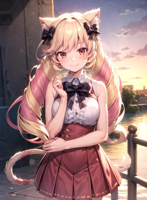 masterpiece, best quality, detailed hands, Himeko, 1girl, solo, long hair, looking at viewer, red eyes, bare shoulders, sleeveless, tail, hair bow, smile, cowboy shot, white shirt and pleated skirt, outdoors, riverside, clean and clear water, sunset, dim lighting, <lyco:GoodHands-beta2:1.0> <lora:more_details:0.4> <lora:Himeko-000012:0.8>
