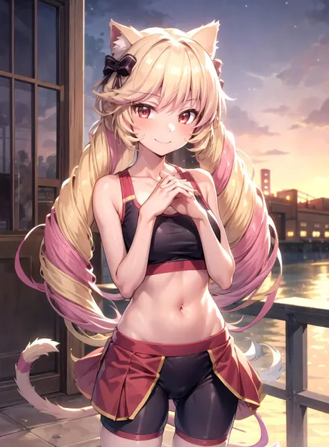 masterpiece, best quality, detailed hands, Himeko, 1girl, solo, long hair, looking at viewer, red eyes, bare shoulders, sleeveless, tail, hair bow, smile, cowboy shot, sports bra and bicycle shorts, outdoors, riverside, clean and clear water, sunset, dim lighting, <lyco:GoodHands-beta2:1.0> <lora:more_details:0.4> <lora:Himeko-000012:0.8>