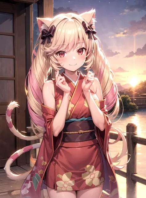 masterpiece, best quality, detailed hands, Himeko, 1girl, solo, long hair, looking at viewer, red eyes, bare shoulders, sleeveless, tail, hair bow, smile, cowboy shot, striped kimono, outdoors, riverside, clean and clear water, sunset, dim lighting, <lyco:GoodHands-beta2:1.0> <lora:more_details:0.4> <lora:Himeko-000012:0.8>