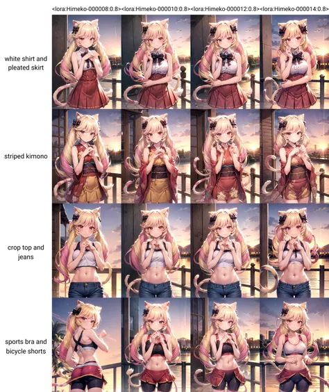 masterpiece, best quality, detailed hands, Himeko, 1girl, solo, long hair, looking at viewer, red eyes, bare shoulders, sleeveless, tail, hair bow, smile, cowboy shot, white shirt and pleated skirt, outdoors, riverside, clean and clear water, sunset, dim lighting, <lyco:GoodHands-beta2:1.0> <lora:more_details:0.4> <lora:Himeko-000010:1>