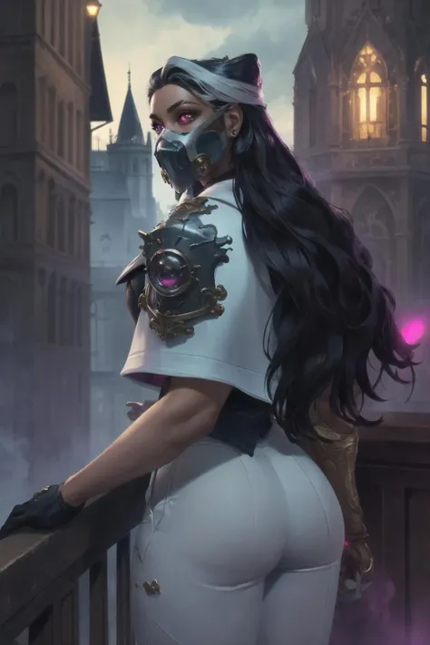 modelshoot style, (extremely detailed CG unity 8k wallpaper), halfshot body photo of knsmt, from behind, big ass, mscrgto on head, professional majestic oil painting by Ed Blinkey, Atey Ghailan, Studio Ghibli, by Jeremy Mann, Greg Manchess, Antonio Moro, trending on ArtStation, trending on CGSociety, Intricate, High Detail, Sharp focus, dramatic, photorealistic painting art by midjourney and greg rutkowski
