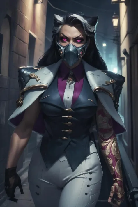 renata, rnta outfit, rnta jacket, rnta mask, angry, serious, walking toward viewer in very dark alley at night, steampunk, intense lighting, looking at viewer, glowing eyes, (cowboy shot), (insanely detailed, beautiful detailed face, masterpiece, beautiful detailed eyes, best quality) <lora:Renata:0.8>