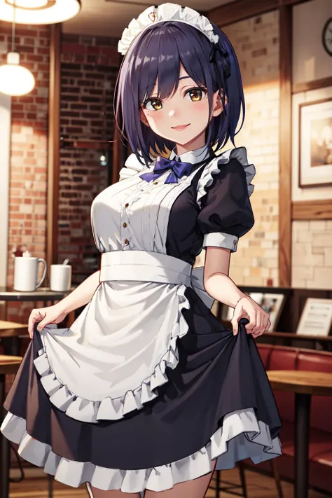 masterpiece,best quality,highres,ultra-detailed,aarin,(mole under eye:0.8),short hair,bangs,large breasts,<lora:shizuka_rin:0.8>,indoors,cafe,maid,maid headdress,apron,(skirt hold:1.2),standing,cowboy shot,smile,