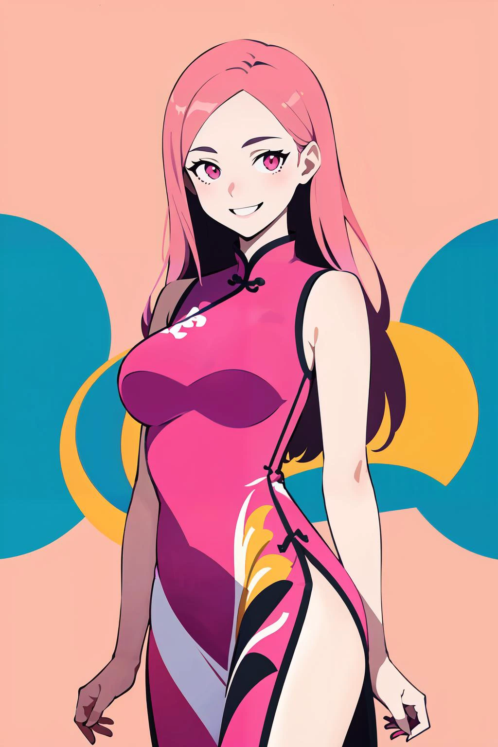 ((masterpiece,best quality)), absurdres, 1girl, solo, long hair, breasts, looking at viewer, smile, pink eyes, simple background, pink hair, dress, medium breasts, cowboy shot, sleeveless, pink dress, chinese clothes, china dress, flat color <lora:FlatAnime:0.6>,