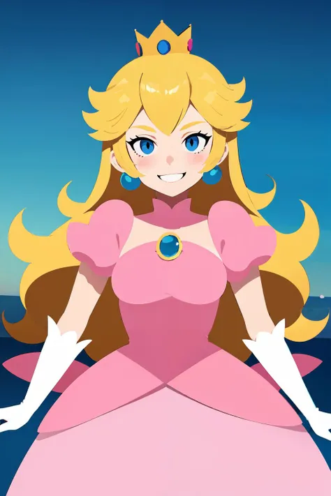 1girl, <lora:princesspeach-lora-nochekaiser:1> princess peach, blonde hair, blue eyes, smile, long hair, crown, dress, gem, gloves, pink dress, puffy short sleeves, puffy sleeves, short sleeves, white gloves, <lora:FlatAnime:0.7>,