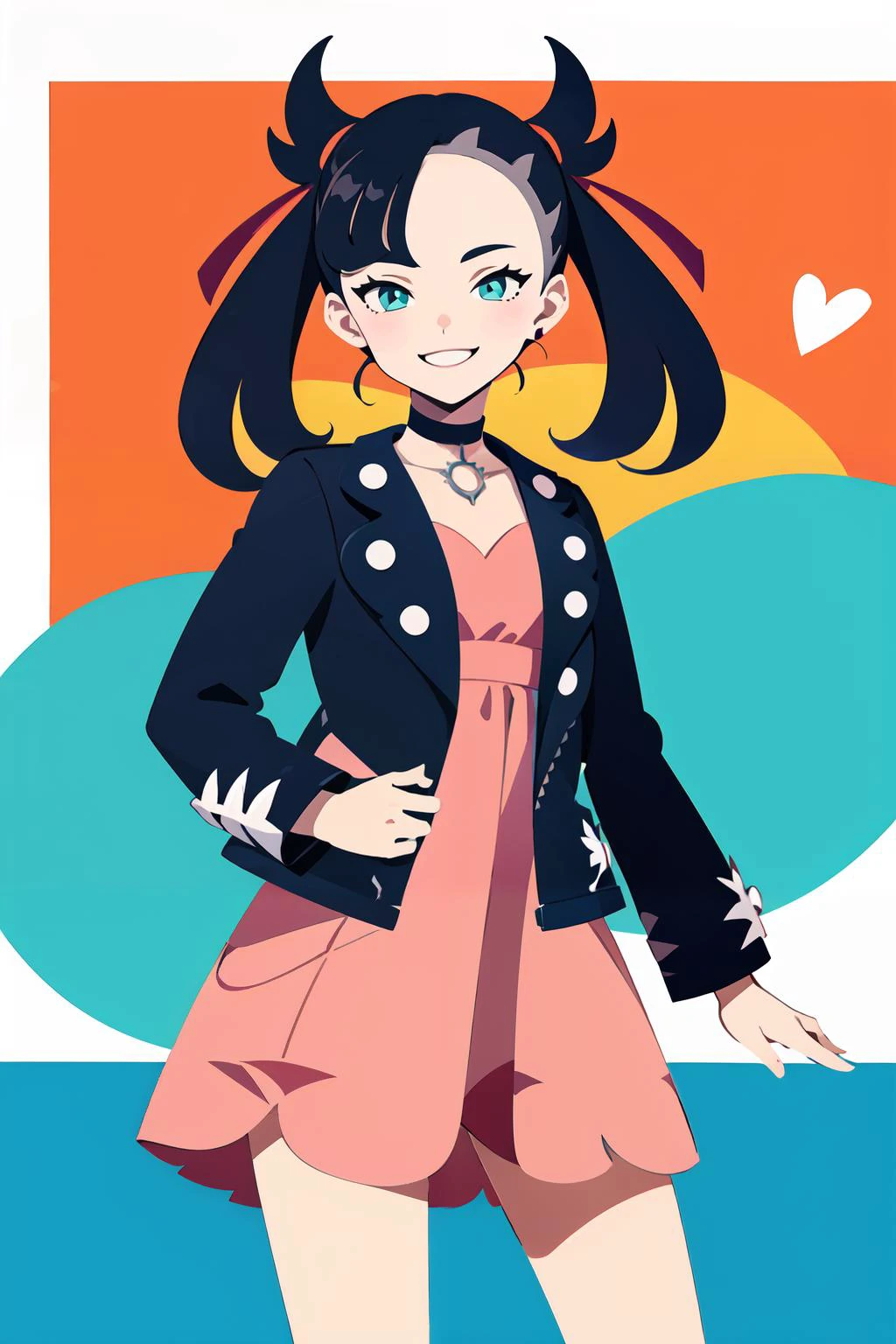 <lora:marnie_v1:0.7>, hmmarnie, aqua eyes, black choker, red ribbon, pink dress, jewelry, black jacket, open clothes, long sleeves, solo, smiling, looking at viewer, cowboy shot, , <lora:FlatAnime:0.8>,