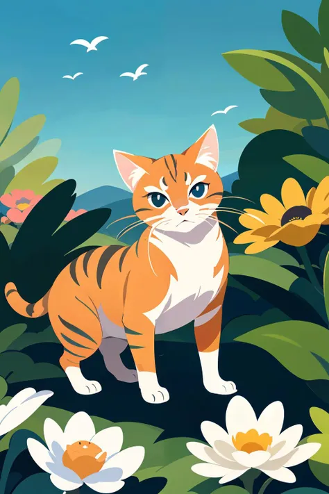 ((masterpiece,best quality)), absurdres,   solo, looking at viewer, full body, flower, outdoors, no humans, animal, orange cat, grass, plant, white flower, animal focus, whiskers,   <lora:FlatAnime:0.8>,