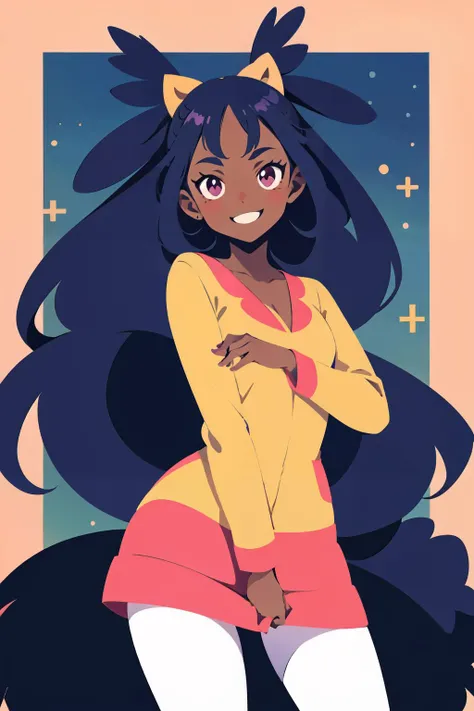 ((masterpiece,best quality)), absurdres, <lora:Iris_Pokemon_v2:0.8>, iris (pokemon), purple hair, long hair, red eyes, dark skin, big hair, hair ornament, white leggings, long sleeves, miniskirt, pink skirt, solo, smile, looking at viewer, cowboy shot, <lora:FlatAnime:0.8>,