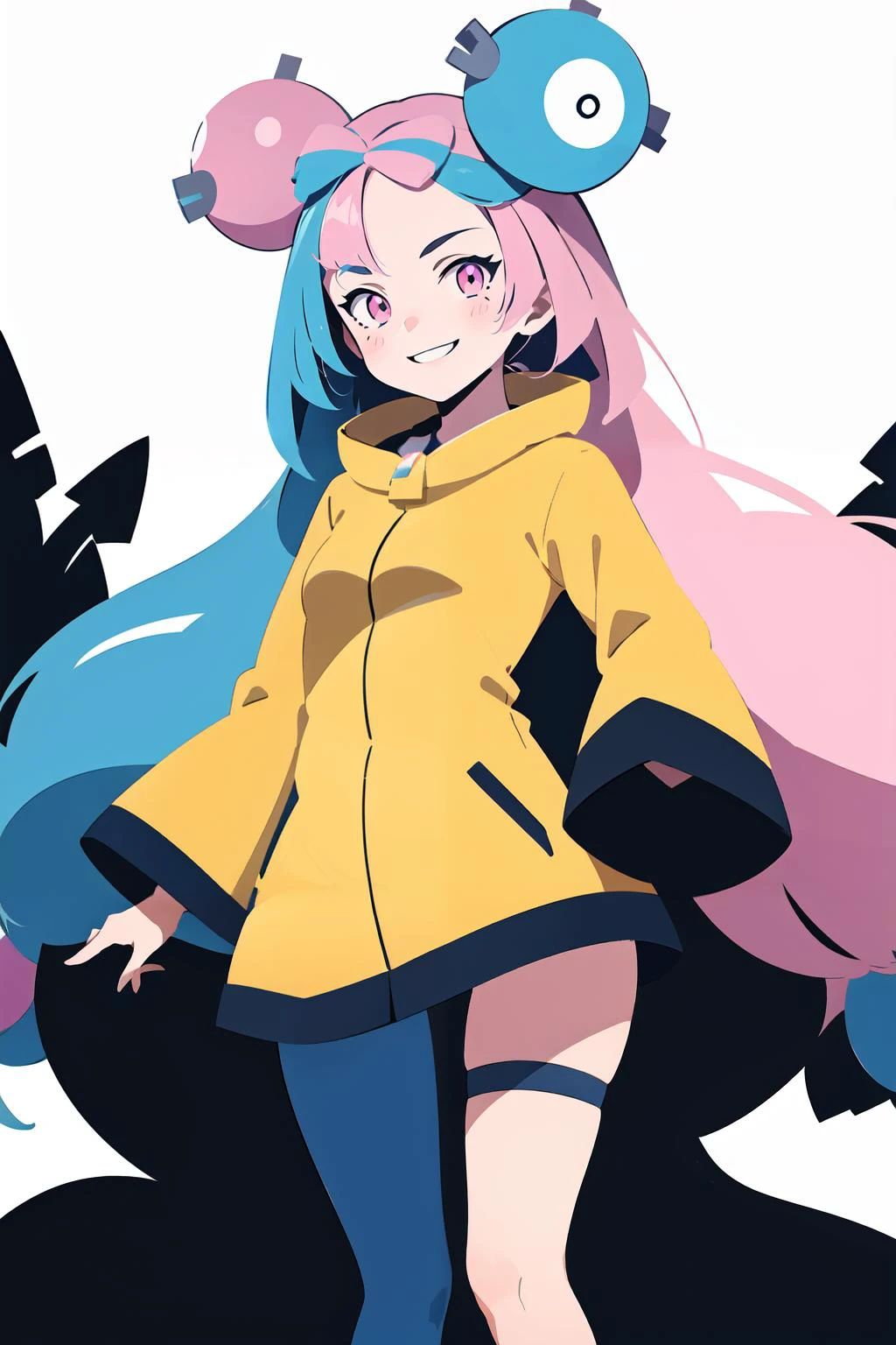 ((masterpiece,best quality)), absurdres, <lora:Iono_Pokemon_v2:0.8>, iono (pokemon), solo, 1girl, long hair, pink eyes, blue hair, pink hair, light blue hair, multicolored hair, bow-shaped hair, yellow jacket, sleeves past fingers, single leg pantyhose, thigh strap, solo, smiling, looking at viewer, cowboy shot, <lora:FlatAnime:0.8>,