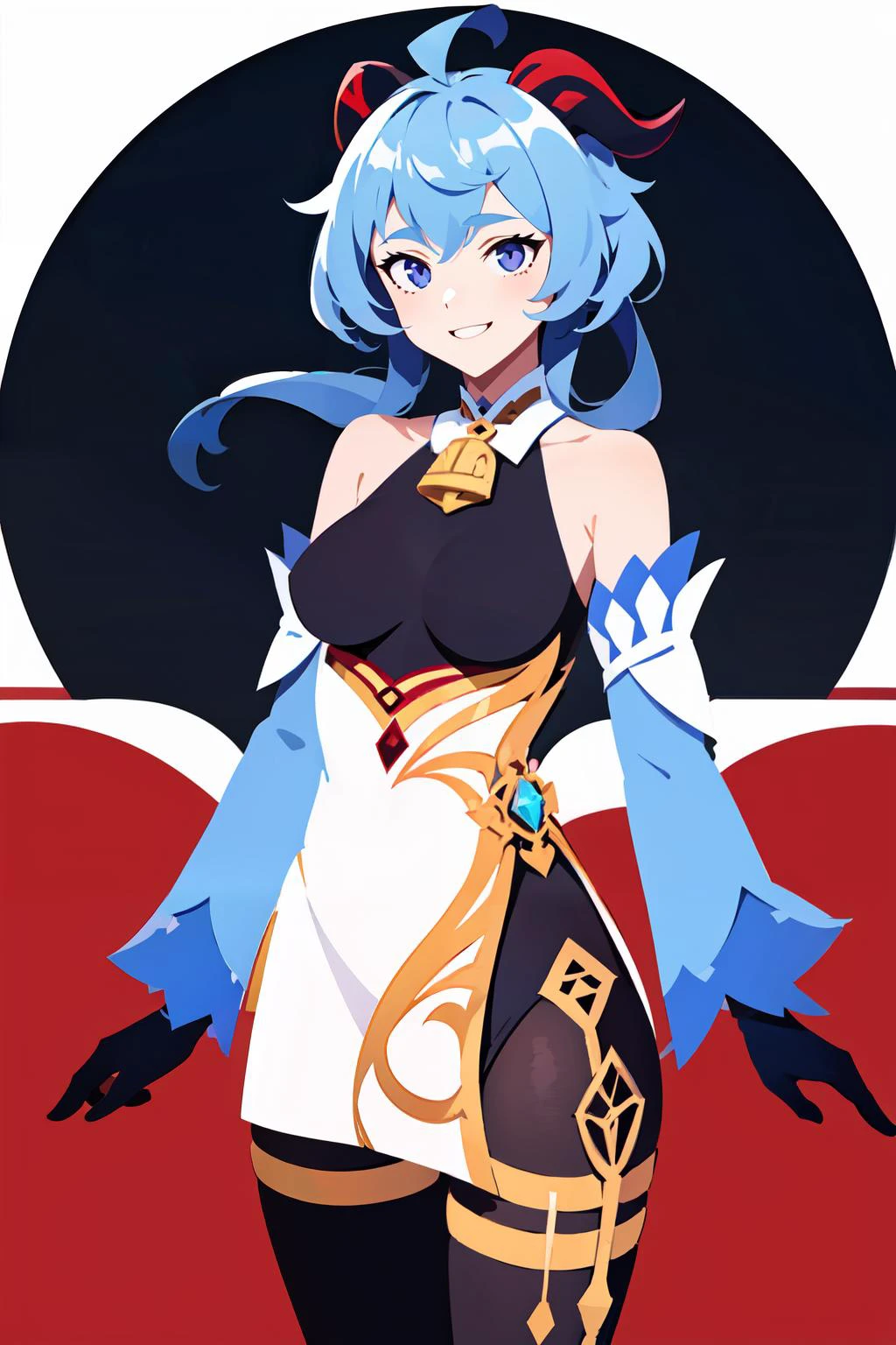 <lora:ganyu_v1:0.7>, aaganyu, long hair, low ponytail, ahoge, horns, bare shoulders, neck bell, bodystocking, white dress, gold trim, flower knot, detached sleeves, black gloves, pelvic curtain, thighlet, pantyhose, cowboy shot, smile, <lora:FlatAnime:0.7>,