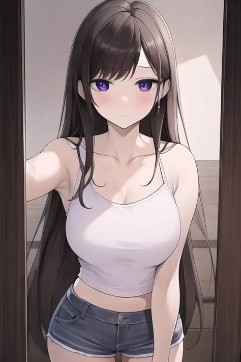 <lora:Chihontr:0.85>,masterpiece, best quality, highly detailed, wide-eyed, jean shorts ,white top, medium shot