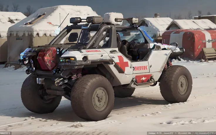 ((establishing shot:1.5)) Gorgeously rendered 4k high-definition hyper-realistic photograph of a (((low shot:1.5))) medvac haloWarthog at an ice-covered arctic military base, (((parachutes n background))), Quonset huts, HDR, sharp focus, <lora:haloWarthog:0.5>