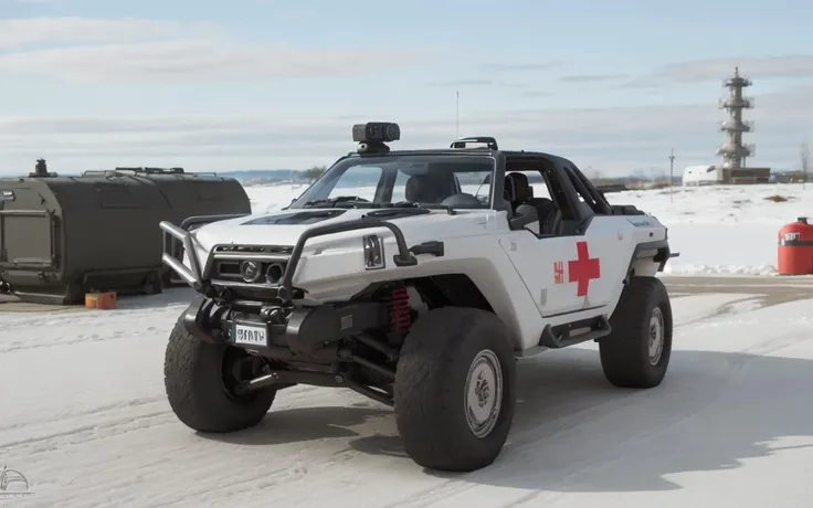 ((long shot:1.5)) Gorgeously rendered 4k high-definition hyper-realistic photograph of a white medvac haloWarthog at an arctic base, snow, communications towers in background, Quonset huts, HDR, sharp focus, <lora:haloWarthog:0.5>