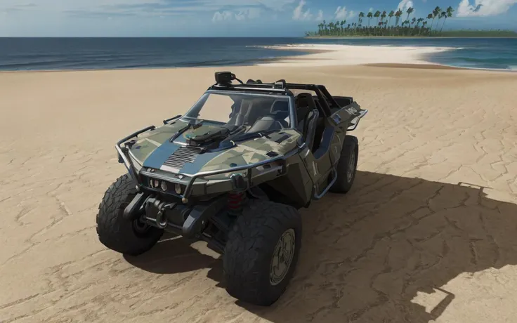 Gorgeously rendered 4k high-definition hyper-realistic photograph of a (digital desert camo pattern haloWarthog) on a tropical island beach at night, ((palm trees)), (((ocean waves in background))), HDR, sharp focus, <lora:haloWarthog:0.7> <lora:nighttime_v1:0.8>