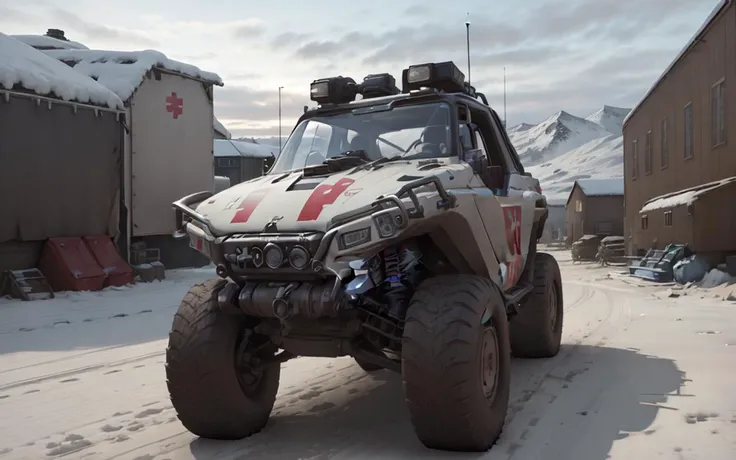((establishing shot:1.5)) Gorgeously rendered 4k high-definition hyper-realistic photograph of a (((low shot:1.5))) medvac haloWarthog  at an ice-covered arctic military base, (((parachutes n background))), snowing, Quonset huts, HDR, sharp focus, <lora:haloWarthog:0.5>