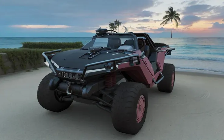 Gorgeously rendered 4k high-definition hyper-realistic photograph of a (bright pink haloWarthog) on a tropical island beach at night, ((palm trees)), (((ocean waves in background))), HDR, sharp focus, <lora:haloWarthog:0.8> <lora:nighttime_v1:0.8>