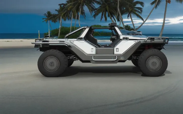 Gorgeously rendered 4k high-definition hyper-realistic photograph of a (bright metallic chrome haloWarthog) on a tropical island beach at night, ((palm trees)), (((ocean waves in background))), HDR, sharp focus, <lora:haloWarthog:0.7> <lora:nighttime_v1:0.8>