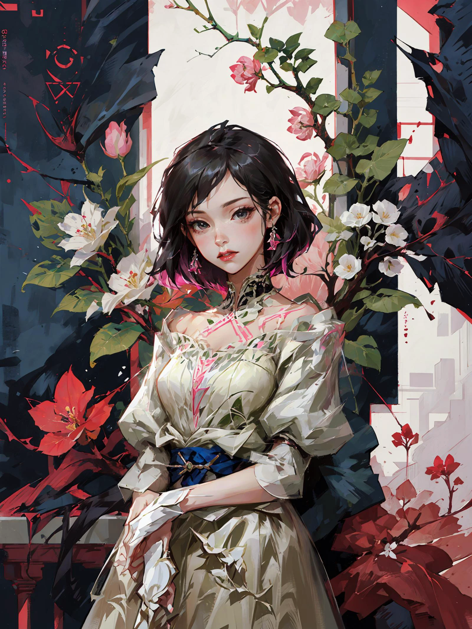 a woman in a white dress standing in front of a tree with pink flowers on it and a blue sky,Chizuko Yoshida,rossdraws global illumination,a detailed painting,<lora:ç¦æ´å
°ç¹-000013:1>,