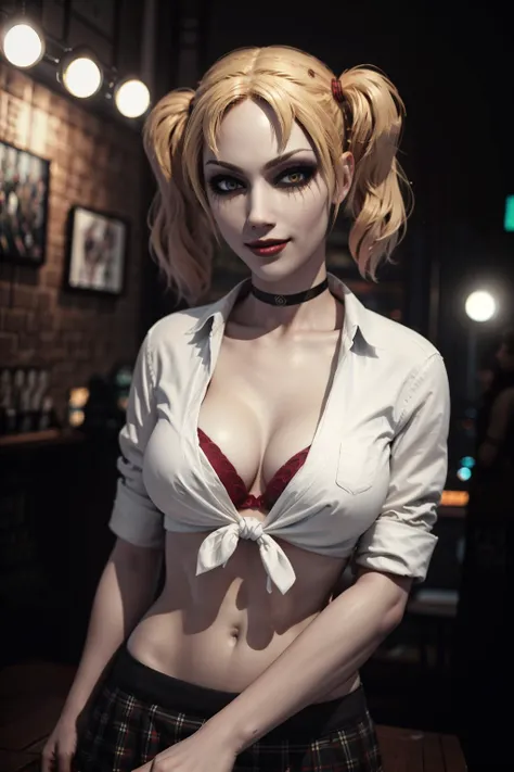 (good quality), (many details), (masterpiece), young woman (17 years), blonde, two ponytails, white shirt knotted in front of the chest, nipples visible, belly free, red fingernails, belly button piercing, purple lipstick, mini skirt red with , sexy, crazy, at night, in a bar, vampire, full body, realistic, small boobs, slut