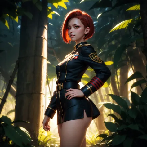 Generate a stunning art style, a true [masterpiece] of art. The image showcases [detailed linework], [dynamic shading], and [dramatic lighting], bringing to life a surreal atmosphere. from side,japanese,red-skinned female,short hair,perfect face, perfect hands,small breasts,thick thighs,german uniform,crazy smile,angry,jojo pose,jungle