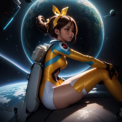Generate a stunning art style, a true [masterpiece] of art. The image showcases [detailed linework], [dynamic shading], and [dramatic lighting], bringing to life a surreal atmosphere. from side,african,brown-skinned female,hair ribbon,perfect face, perfect hands,small breasts,normal thighs,space suit,in heat,disinterested,spread legs,world