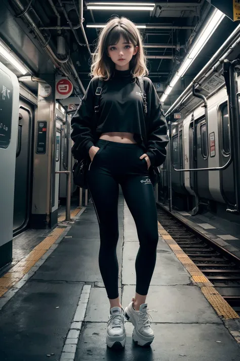 RAW photo, (masterpiece, best quality:1.4), (beautiful, aesthetic, perfect, delicate, intricate:1.2), (goth girl), Hands in pockets, (style of Sally Mann:1.4), eerie, dark theme, Arousal, Printed leggings, oversized sweater, and platform sneakers, French braid, Emerald hair color, Rectangular with a fuller figure (straighter shape with a fuller midsection), Grimy underground subway station with eerie echoes, (film grain:1.2), (high detailed skin:1.2), 8k uhd, dslr, soft lighting, high quality, film grain, Fujifilm XT3