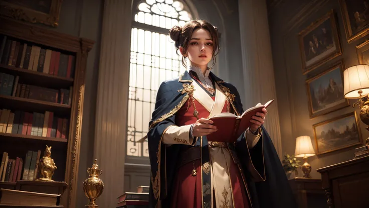 best quality, masterpiece, of a male, dressed as a Wizard, with brown hair, with a male Regal high bun with a decorative hair stick hairstyle, wearing a circlet, dutch angle, stood, In a grand library filled with magical books and scrolls, guarded by animated statues,, realistic, concept art, cinematic, volumetric lighting, highly detailed, 8k ultradetialed character with perfect face,detailed skin,(ultrasharp:1.3),(masterpiece:1.1),best quality,(photorealistic:1.2),ultrarealistic,realistic ultradetailed character,4k perfect quality, Magnificent,Imperceptible detail,Intricately designed,